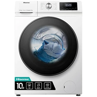 Image de Hisense WFQA1014EVJM Machine à laver avec fonction vapeur, 10 kg/AquaStop, 1400 tr/min, 15 programmes, moteur Inverter PowerDrive, tambour en acier inoxydable, sécurité enfant, nettoyage du tambour,