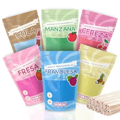 Image de SIDRAL Sucre Barbe à Papa pour machine coton 5 + 1 GRATUIT (6 x 250 gr) avec 50 bâtonnets recyclables dégustation de 6 saveurs (FRAISE/FRAMBOISE/COLA/CERISE/TROPICAL/POMME /
