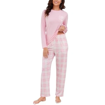 Image de Pyjama Femme Hiver Long Ensembles de Coton Col Ronde à Manches Longues et Pantalon Carreaux Vêtements Nuit Chaud d&#039;Intérieur 2 Pièces Confortable Doux Respirant