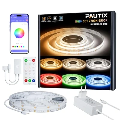 Image de PAUTIX Ruban LED COB RGBWW/CW 5M Kit Dimmable RGB+2700K 6500K CCT Blanc Tunable Couleur Changement Bande Lumineuse avec APP Contrôle, Musique Sync pour Chambre Projets d&#039;Éclairage à Domicile