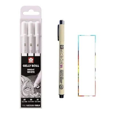 Image de SAKURA Gelly Roll Blanc, stylos Bright White dans un étui, Mix Size 05/08/10 Pigma Micron Noir 05