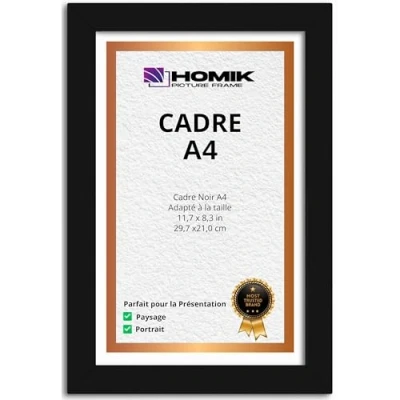 Image de HOMIK 4x Cadre Photo A4 Avec verre de Sécurité Acrylique en DIN Décoration D&#039;intérieur Noir Idéal Pour Offrir Cadeau et Accrocher au Mur