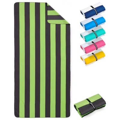 Image de Fit Flip Serviette de Plage Microfibre Fine et légère à séchage Rapide Drap XXL 100% recyclée rayé Vert Gris foncé 160cm x 90cm
