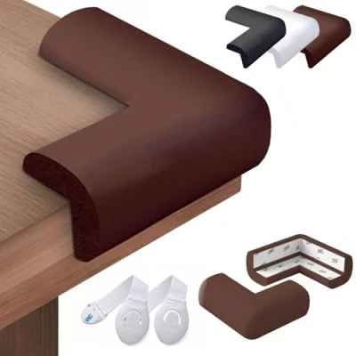 Image de HAPPY CHLEA® 20 x Coin de Table, Protection Bébé en Caoutchouc avec Technologie Active Foam, Angle Mueble + 2 Bloc Tiroir, Securite Idéal pour Lits, Tables, Meubles, Angles (Marron)