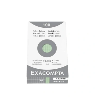 Image de Exacompta Réf. 13240B Étui de 100 fiches bristol quadrillées 5x5 non perforées format 74 x 105 mm compatibles avec imprimante jet d&#039;encre, laser et photocopieur couleur vert