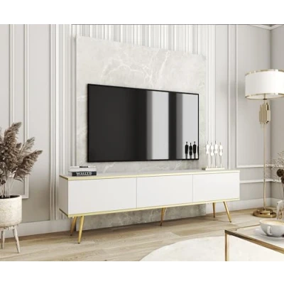 Image de 3E 3xE living.com Meuble TV en Couleur Blanc avec Pieds Or D : L 175 cm, H 30 P 32 cm