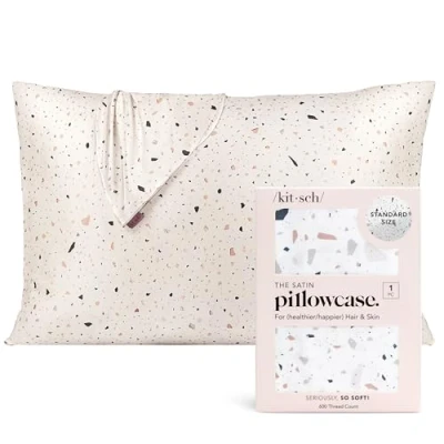 Image de Kitsch Taie d&#039;oreiller en Satin avec Fermeture éclair pour Les Cheveux et la Peau, Plus Douce Que Soie, Taille Standard (Terrazzo Blanc)
