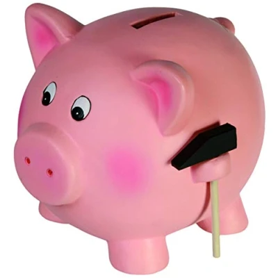 Image de tirelire COCHON, géante, xxl, originale, à casser, rigolote, rose, argent, monnaie, en céramique, avec marteau et enclos bois
