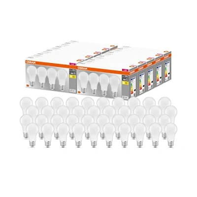 Image de OSRAM LED Base Classic A, en forme de bulbe avec culot E27, non dimmable, remplace 60 watts, mat, blanc chaud 2700 Kelvin, 40 Pack
