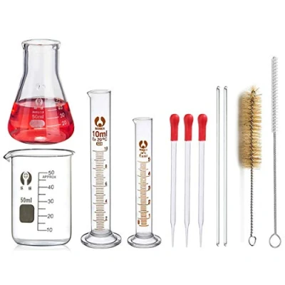 Image de Flacons Erlenmeyer en Verre, JESSTOLO 50 ml Flacon Conique 50ml Bécher 10ml/5ml Cylindre Graduées, 2 Brosses de Nettoyage, 3 Eprouvette Verre et Agitateurs
