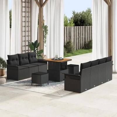 Image de Ensemble de 10 pièces Canapé jardin avec coussins noirs en poly rattan acacia, 2 places 3364044