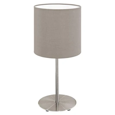Image de Eglo lampe de table chevet Pasteri, salon à poser en acier et textile, nickel mat, taupe, douille E27, avec interrupteur, h 40 cm