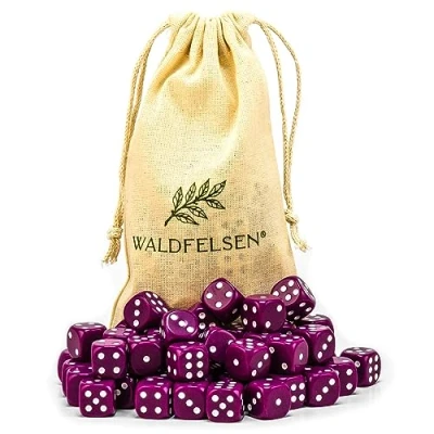 Image de Waldfelsen Lot de 6, 12, 20, 30 ou 50 dés haute qualité taille standard 16 mm en acrylique Cube jeu Dice 6 côtés à six Accessoires avec sac tissu (violet, pièces)