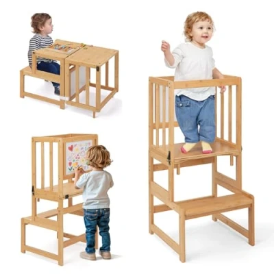 Image de COSYLAND Tour D&#039;observation Enfant 3 en 1 Montessori d&#039;apprentissage Bambou Naturel Chaise Learning Tower Bébé Sécurisée avec Deux Dispositifs De Sécurité et Design Breveté pour 18 Mois À Ans