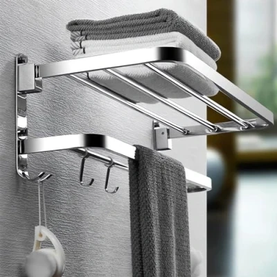 Image de Porte Serviette Salle de Bain, Murale, sur Pied Accessoire Bain sans Percage, Seche Serviettes Argenté
