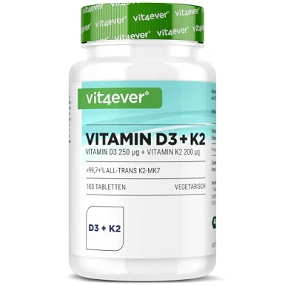 Image de Vitamine D3 10.000 I.E. + K2 200 mcg Menaquinon MK7 Depot 100 Comprimés 99,7+% All Trans (K2VITAL® by Kappa) Végétarien Hautement dosé