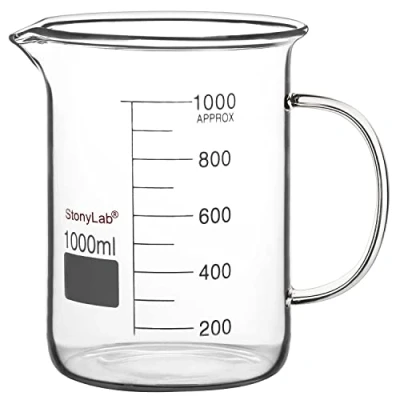 Image de stonylab Bécher en Verre avec Poignée, Borosilicate Gradué Forme Basse Griffin Poignée et Bec Verseur, 1000 ml