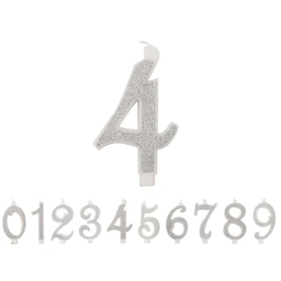 Image de 10CM Bougies Chiffres d&#039;anniversaire Numéro 4,3D ARGENT paillettée,Decoration Gateau Anniversaire,Bougies Gâteau Marriage (ARGENT, 4)