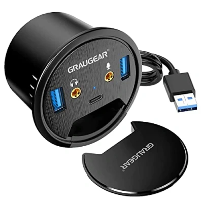 Image de Hub de Table USB 3.0 3 Ports 1 Port C 2 A Audio I/O Montage dans Un Trou Bureau 60 mm Longueur du câble 150 cm Couvercle Anti poussière 5 Gbit/s