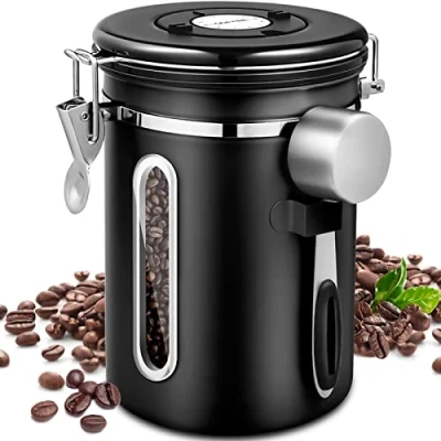 Image de Purpledi Boîte à Conservation Hermétique en acier Inoxydable, 1,8 L, avec Cadran Dateur et Cuillère Doseuse Offerte pour Café Grains, Noix Sucre (Noir)