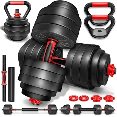 Image de RE:SPORT Ensemble d’haltères 2 en 1 avec kettlebell 40 kg, réglables, haltères courts et longs, fermeture étoile tube de raccordement