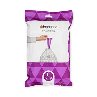 Image de Brabantia Sacs Poubelle PerfectFit (Code C/10 12 Litres) Ultra Résistant, Poignées Coulissantes (40 Sacs), Blanc Code C