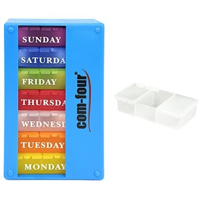 Image de COM FOUR® Distributeur de médicaments 7 jours en ANGLAIS hebdomadaire pour le matin, midi, soir Pilulier à 3 compartiments les déplacements [ANGLAIS] (bleu clair)