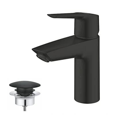 Image de GROHE QUICKFIX Start Robinet de salle bains lavabo, mousseur économie d&#039;eau, sans tirette, bonde clic clac incluse, installation et nettoyage facile, taille S, noir mat, 235512432