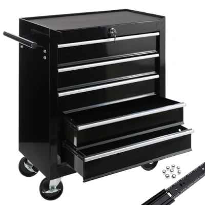 Image de AREBOS Servante d’Atelier Caisse à Outils 5 Tiroirs 73P x 67l 38H Noir pouvant être verrouillés Résistante aux Rayures