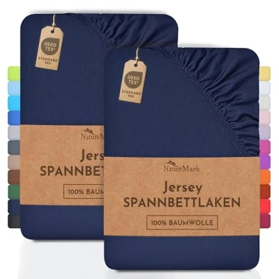 Image de Lot de 2 draps housses NatureMark En coton jersey Certifié selon la norme Öko Tex 100 « Confiance textile », Coton, Bleu marine, 2er Pack 120x200 cm
