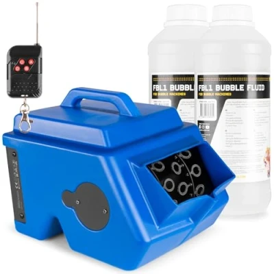 Image de BeamZ B1500 Pack Machine à Bulles avec 2L de Liquide, Double Roue, Réservoir 2L, Télécommande Incluse, Idéal pour Fêtes, Mariages et Animations Enfants