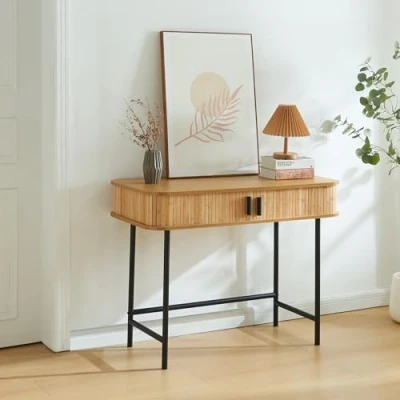 Image de [en.casa] Table Console Design Scandinave d&#039;Appoint avec 2 Compartiments de Rangement pour Entrée Salle à Manger Salon Couloir MDF Bambou Métal 100 x 50 76 cm Naturel Noir