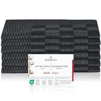 Image de BARBONS Lot De 6 Torchons Cuisine certifié Oeko TEX Standard 100 245 g/m² 105 g Vaisselle Qualité Supérieure 100% Coton Super Absorbant Torchon Carreaux Noir (65x65 cm)