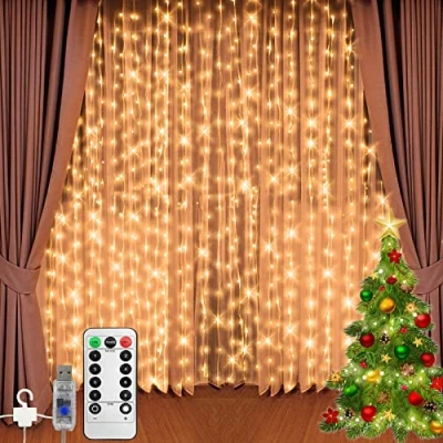 Image de Jsdoin Rideau lumière 3M x 300led avec 8 Modes télécommande minuterie réglable luminosité, Chambre à Coucher, Jardin, fête, Mariage, Genie (Blanc Chaud)