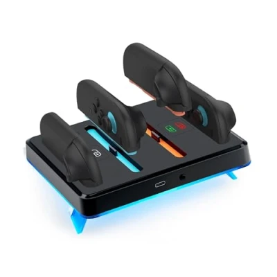Image de Mcbazel Station de Charge RGB pour Switch 2, Chargeur Magnétique Manette avec 9 Modes D&#039;éclairage, Design Incliné à 17 Degrés et Montage Mural, Indicateurs LED NS 2 (Noir)