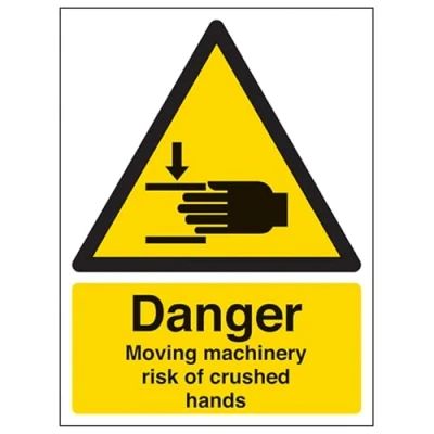 Image de vsafety 65018 an s &quot;Danger Moving Machine panneau d&#039;avertissement de Risque mains pilée&quot; Machine, autocollant, Portrait, 150 mm x 200 mm, noir/jaune