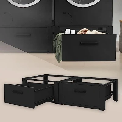Image de ML Design Support pour Machine à Laver Double avec 2 Tiroirs Coulissants, Noir, 128x53,5x31,5 cm, Socle Compartiments 2x150 kg, Acier, Base de Lave Linge, Sous armoire, Plateforme Haut 31,5 cm