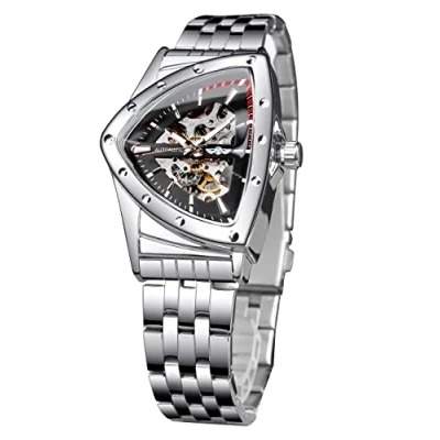 Image de FORSINING montre squelette pour homme, mécanique automatique avec cadran triangulaire, lumineuse à remontage automatique, bracelet en acier inoxydable ou silicone souple,