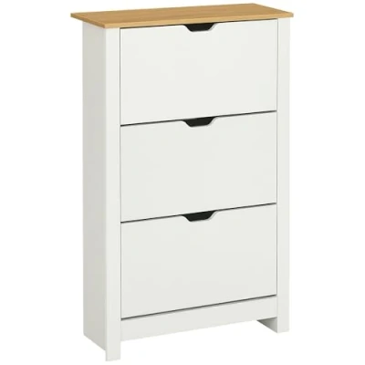 Image de HOMCOM Armoire à Chaussures 3 Portes abattantes 2 Compartiments Panneaux Particules Blanc chêne