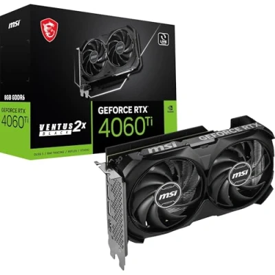 Image de MSI GeForce RTX 4060 Ti 8G Ventus 2X Black E1 OC Carte Graphique 8 Go GDDR6 (18 GB/s, 128 bit), PCIe 4.0 2 x Ventilateurs TORX Fan HDMI 2.1a, DisplayPort 1.4a