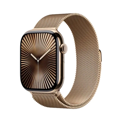 Image de Apple Watch Series 10 (46 mm GPS + Cellular) Montre connectée avec Boîtier en Titane Or et Bracelet Milanais (S/M). Suivi de l’activité Physique, app ECG, écran Retina Toujours activé