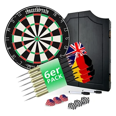 Image de Stagecaptain DBC 1715 BullsEye Cible de fléchettes Jeu classique avec armoire en bois Flechette pro 6 flèches pointe acier et 12 volants