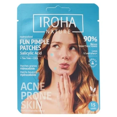 Image de Iroha Nature Lot de 15 patchs grains FUN Acide salicylique, arbre à thé et Centella Asiatique Réduit les manière rapide efficace Format cœurs étoiles