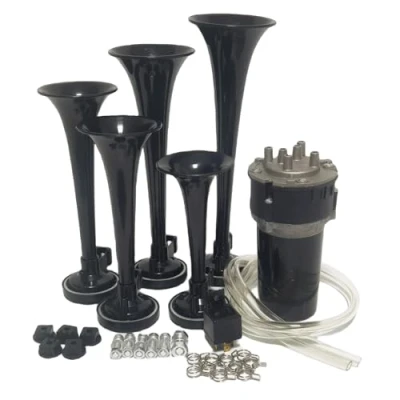 Image de YIYIDA Trompette musicale Dixie Haut parleur air cornet 165db Car Horn d&#039;air Klaxon de voiture noir à cinq tubes Corne multifréquence étanche avec pompe pour 12V camion ect
