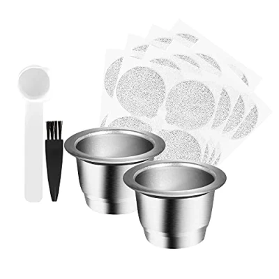 Image de CENPEK Dosettes de café rechargeables en acier inoxydable compatible avec machines Nes Presso (2 tasses + 100 couvercles)