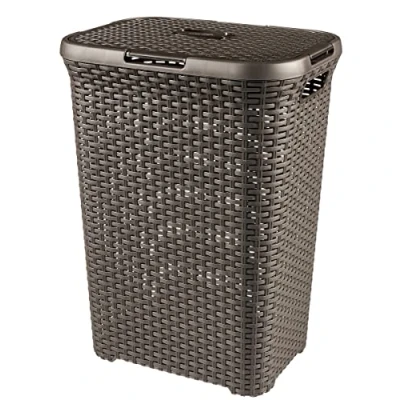 Image de CURVER Coffre à Linge Style 60L Bac Sale avec Couvercle Aspect Rotin Texturé, Bonne Aération Poignées Ergonomiques Pour Salle de Bain ou Buanderie 45 x 34 62 cm Chocolat