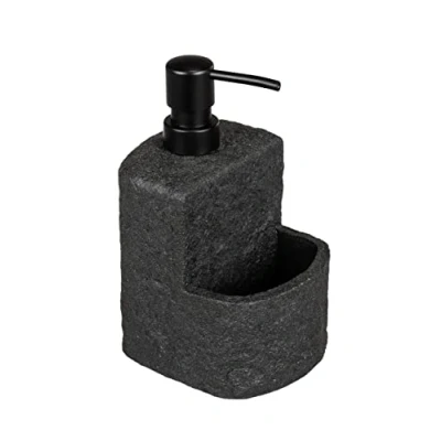 Image de WENKO Distributeur de Liquide Vaisselle Festival Stone Noir, Savon Rechargeable Imitation Pierre en polyrésine pour la Cuisine, Compartiment d&#039;éponge, Volume 380 ML, 10,5 x 18 11 cm