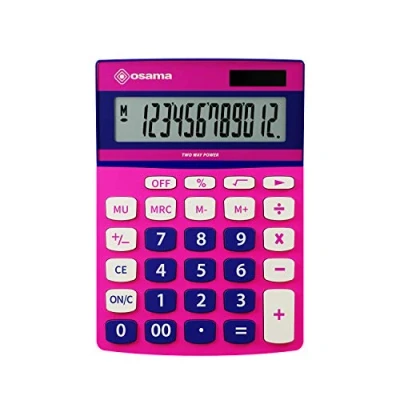 Image de Osama, Metacolor Calculatrice Bureau à 12 Chiffres + Écran Incliné en Métal, College et Lycee avec Recharge Solaire Calculette Idéal comme Fourniture Accessoire Bureau, Rose/Bleu