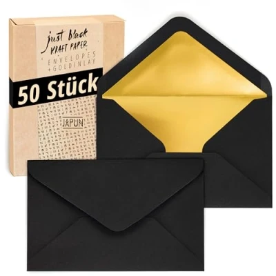 Image de Japun enveloppes (50 pièces), enveloppe, enveloppe sans fenêtre DIN C6 162 x 114 mm intérieur : or couleur du papier noir