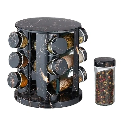 Image de Relaxdays Tourniquet à épices, Rotatif, 12 Pots réutilisables, chacun avec Embout tamiseur, Effet marbre, Noir